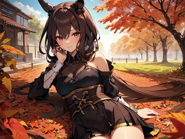 (Solo, 1 girl). (Anatomically correct, UHD, Retina, Masterpiece, Ultra detailed, High detail, Best quality, Award winning, High resolution, 8k). (Focus on breasts). (Big breasted girl with horse ears, makeup). ((Lying on autumn leaves)). (Long black hair)....