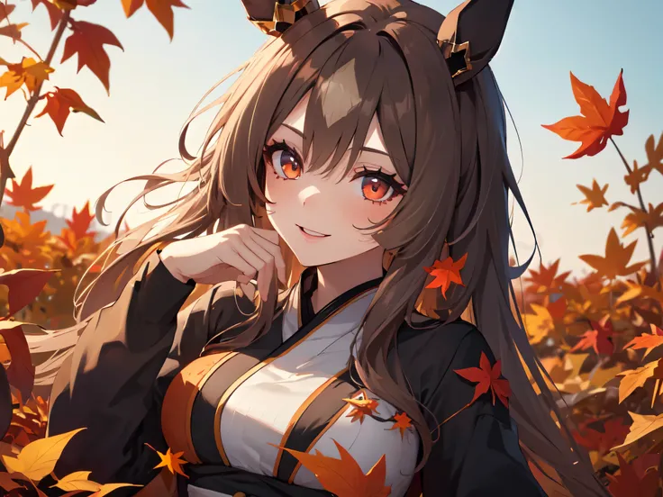 (Solo, 1 girl). (Anatomically Correct, UHD, Retina, Masterpiece, Ultra Detailed, High Detail, Top Quality, Award Winning, High Resolution, 8k). (Focus on breasts). (Big breasted girl with horse ears, makeup). ((Lying on autumn leaves)). (Long black hair). ...