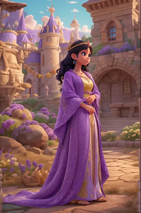 A beautiful young princess ,  Disney Pixar style,  wearing a purple robe , Golden Crown,  Wavy black hair ,  detailed brown eyes ,  Delicate facial features, funny pose,  magical fantasy landscape ,  warm and bright lighting,  vibrant colors,  poster intri...