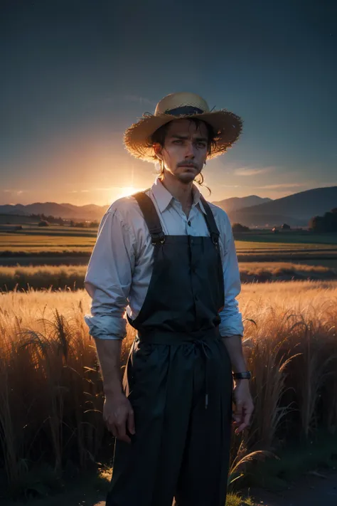 dark fantasy, Medieval farmer, Male in his 40s, sunburned skin , worried expression , Old work clothes , straw hat, Desolate field as background , dark night , Overall dark color tone