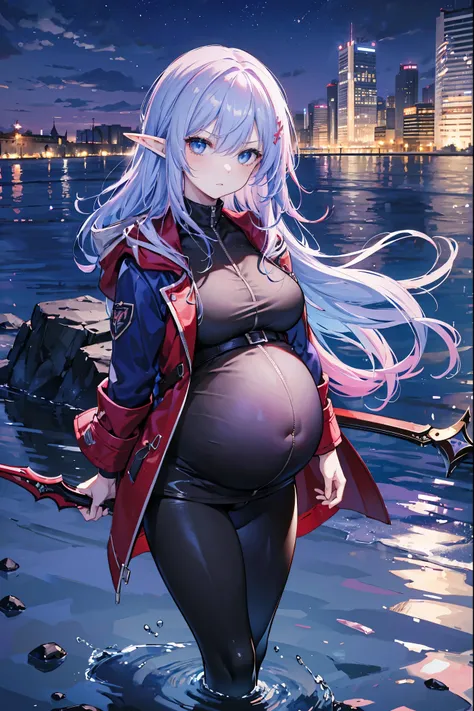 High Resolution, High Details, River scene, night, 5 girls, mother and daughters, blue hair, lavender hair, violet hair, azure hair, pink hair, long hair, small elf ears, medium breasts, blue eyes, ((pregnant)), (huge belly), blue jacket, red cloak, blue v...