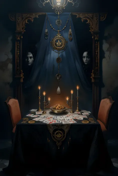 witch,  magini customer desk,  mystical atmosphere ,  in a cinematic style ,  modern decor ,  playing cards , witch symbol , candles, symbols on the tablecloth , magic energy in the air , two chairs and a table ,  maximum detail , 8k