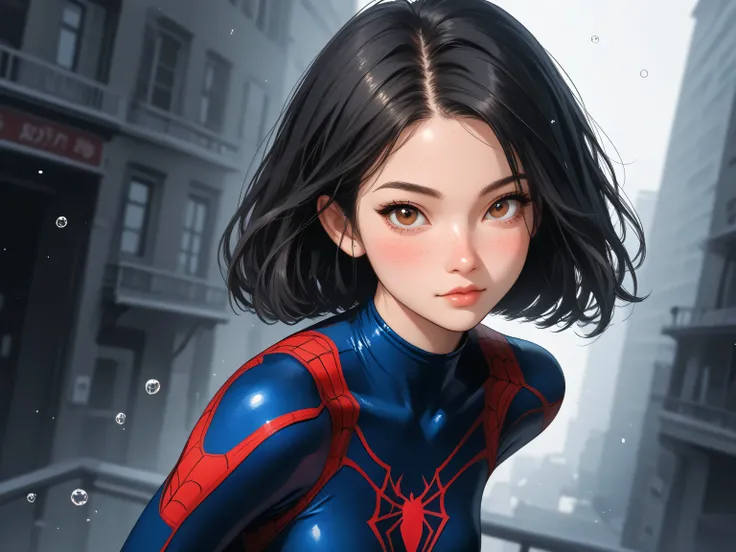 Portrait. 1girl, (long straight black hair), blush on cheeks and nose, freckles, brown eyes, narrowed gaze, (spiderman suit), small breast, toned abdomen, (petite body), looking at viewer. Black Background. score_9, score_8_up, score_7_up, source_anime, ar...