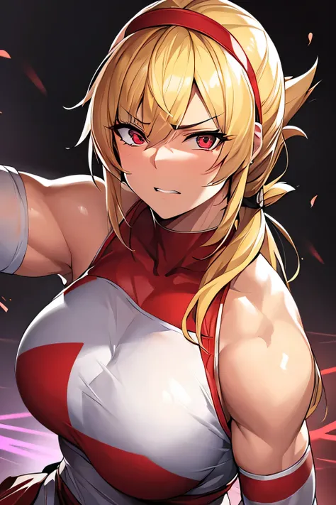 A highly detailed portrait of a young Okinawan female underground fighter with striking blonde hair tied back with a red headband. Her sharp, intimidating eyes exude cold determination, and her tanned skin highlights her athletic, muscular build. She wears...