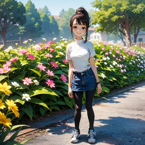 ( high quality,  high resolution, Very detailed, reality:1.37), Peaceful atmosphere, (Outdoors, garden),  teenage girl standing alone, (My breasts are small.), Beautiful details,  cute smile, ( dark brown ponytail ), Ribbed sweater,  denim skirt ,  black t...