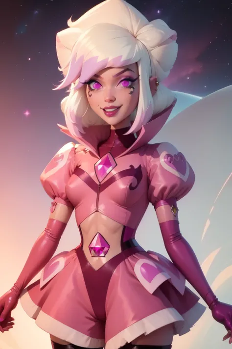 pnkdamond, pink hair, pink eyes,  big hair,  stomach gem,  pink skin,  toned, 
puffy short sleeves, elbow gloves ,  white thighhighs,   puffy dress, 
standing, upper body, 
 outerspace,  
(insanely detailed, beautiful detailed face,beautiful detailed eyes,...