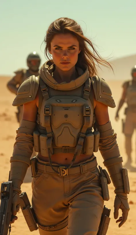  Scifi, desert soldier, female dirt and grime, photorealism, cinematic shot, dynamic lighting 75mm, Technicolor, Panavision, cinemascope, sharp focus, fine details, 8k, HDR, realism, realistic, key visual, film still, cinematic color grading, depth of fiel...