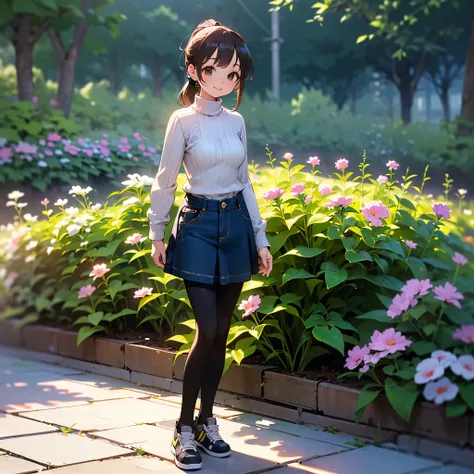 ( high quality,  high resolution, Very detailed, reality:1.37), Peaceful atmosphere, (Outdoors, garden),  teenage girl standing alone, (My breasts are small.), Beautiful details,  cute smile, ( dark brown ponytail ), Ribbed sweater,  denim skirt ,  black t...