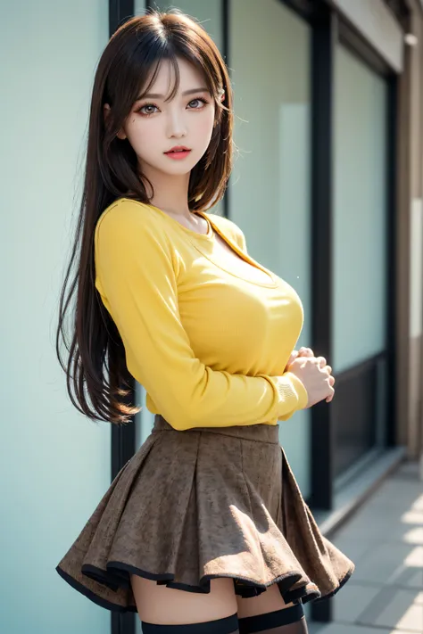 (((long black hair,  pretty Chinese idol, beautiful skin、big eye、 Brown Eyes 、forehead、Extreme pose、A calm face、dewy finish makeup:100.0、eyeliner:100.0, beautiful girl、shopping mall background、cute、Young、True Face、Shiny Hair、whole body)))、table top, highes...