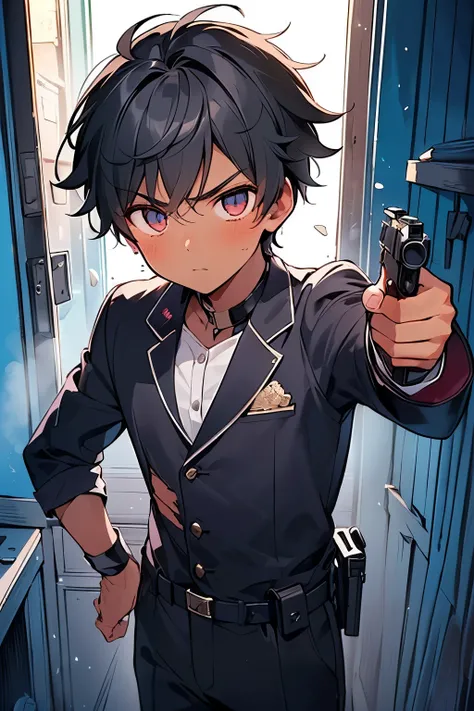 ((1-boy :1.5)),((handsome Gay:1.3)),(holding gun:1.0),cute,((dark skin body:1.1)),(bullet hole:1.0),((Full of cracked screens:1.1)),(hold a gun:0.8),((point the gun towards you:1.0),((put your finger on the trigger:1.0)),gang, serious face,