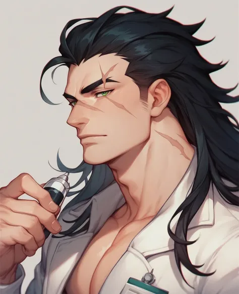 Character sheet, male, doctor, long hair half bundle, black hair, handsome boy, slightly fierce eyes, full of scars on the face and body, dark green eyes,