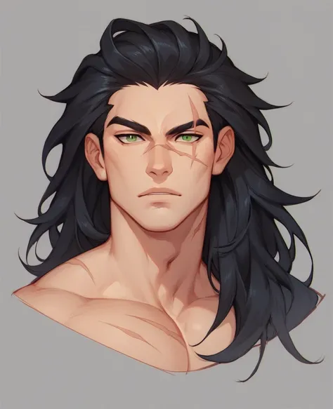 Character sheet, male, doctor, long hair half bundle, black hair, handsome boy, slightly fierce eyes, full of scars on the face and body, dark green eyes,