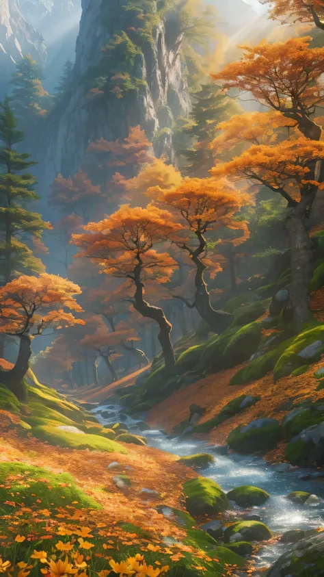  highdefinition images ， Colorful trees々and orange flowers 々、 a mysterious forest where magical beings hide in the branches, 8k, High Quality Giant Forest 、Sunshine filtering through the trees、  A forest where fairies are believed to live  、 The soft morni...