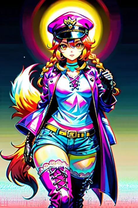 (best quality:2.0), (crisp:2.0), (highres:2.0), (((a rich yellow and pink gradient wolf tail:2.0))), anime, full body:2.0, (single image), (solo beautiful lady:2.0), (masterpiece:2.0), (detailed face:2.0), (detailed eyes:1.4), ((denim shorts:2.0)), ((thick...