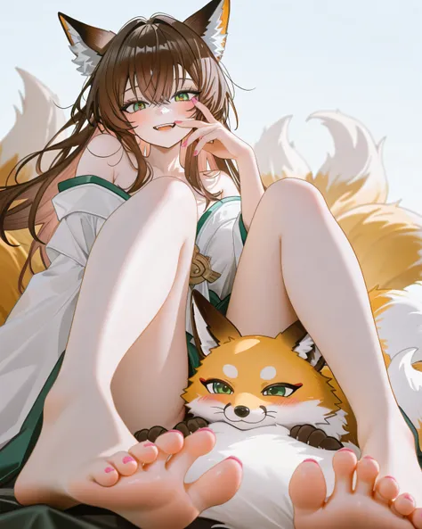 1 ,  animal ears , barefoot, feet, tail, orelhas de fox, toes,  green eyes,  alone, fox tail, Solas, fox , unhas dos feet, enamel,  bare shoulders ,   brown hair ,  hair between the eyes, Blush, toeenamel,   long hair,  open-mouthed, multiple tails, legs, ...