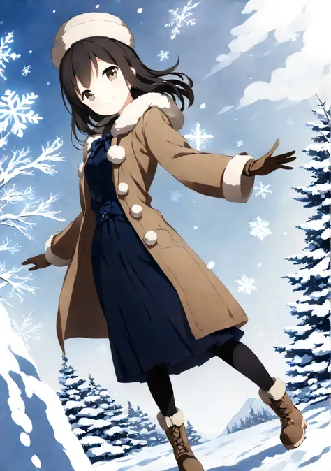 whole body、Wide angle、mid、 black hair 、Pretty brown eyes 、 one girl、 Snow Scenery 、 Navy Blue Long Skirt 、 brown gloves、coat with fur、smile、 black tights、 Mouton Boots 、Drawing to the toes、Russian hat 、 looking at the photographer、