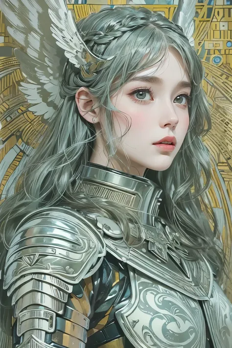 (A young female angel in armor :1.2)、( Valkyrie )、 graphic novel style , portrait, in the style of Stanley Donwood, Klimt style 、Ink Art,