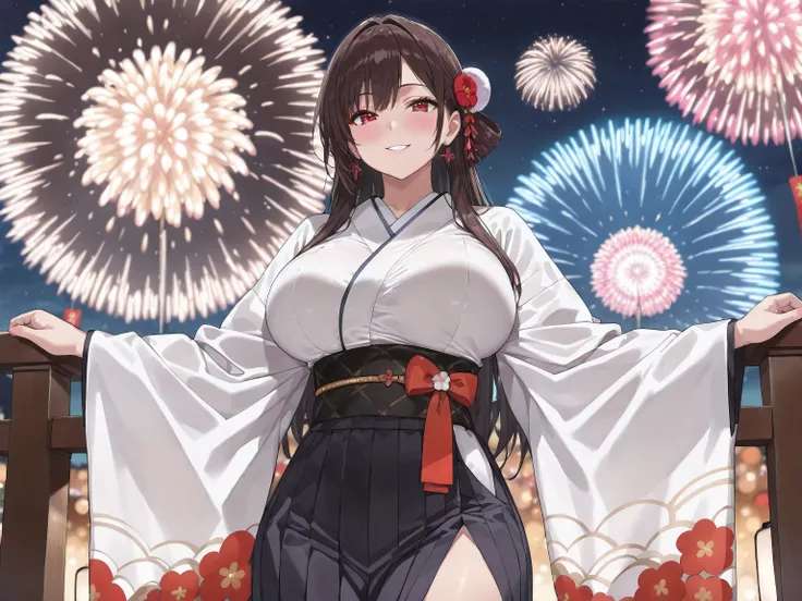 A beautiful woman wearing a kimono,(((1 girl))),cowboy shot,
 long hair, thin waist, I'm ashamed、(((Big Breasts))),Smile,small hand,((Fingers５ left leg ）)、2D, cute, anime style, red eyes, bun hair, (highest quality, 4K, 8k, high resolution, masterpiece:1.2...