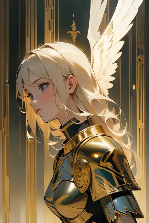 (A young female angel in armor :1.2)、( Valkyrie )、 graphic novel style  ,   portrait，(whole body)、  detailed face,  detailed skin,  beautiful hair、Klimt style 、Ink Art, Fibonacci,  ( top quality、  high resolution、 Masterpiece)、8k、wallpaper、
