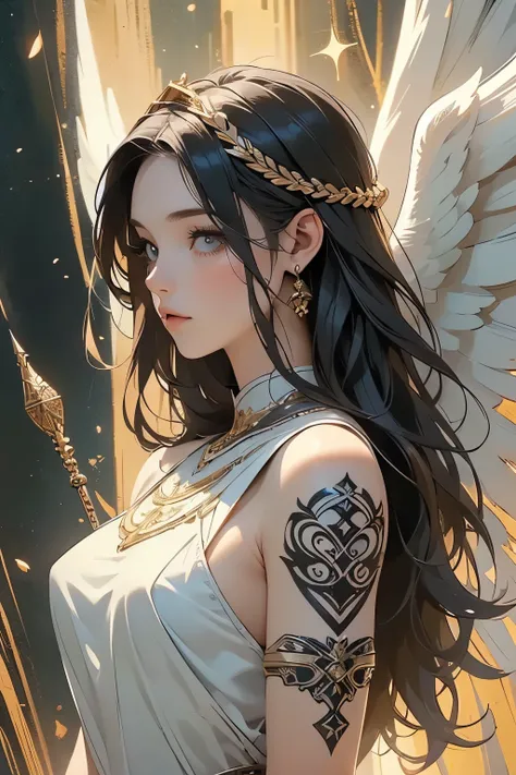 (A young female angel in armor :1.2)、( Valkyrie )、 graphic novel style  ,   portrait，(whole body)、  detailed face,  detailed skin,  beautiful hair、Klimt style 、Ink Art, Fibonacci,  ( top quality、  high resolution、 Masterpiece)、8k、wallpaper、
