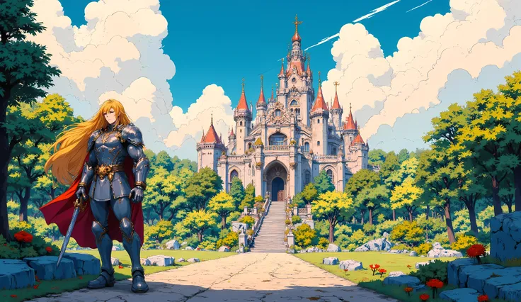 palace, knight,  blond hair, retro anime