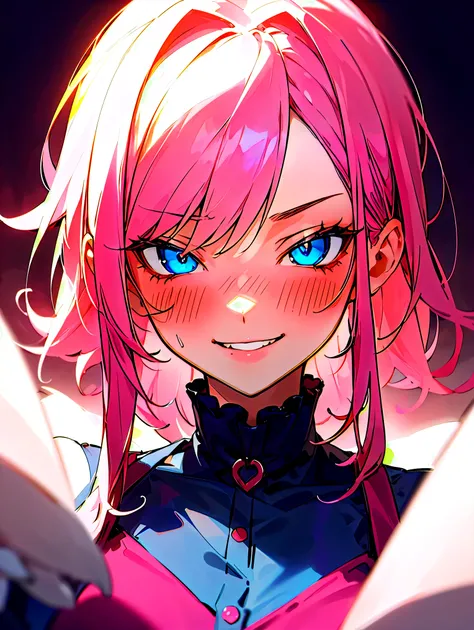 1female, masterpiece, portrait, devilish smirk, blushing, pink hair, blue eyes, candy outfit, 