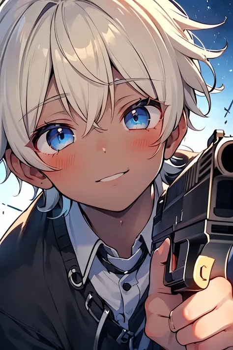 ((1-boy :1.5)),((handsome Gay:1.3)),(holding gun:1.0),cute,((dark skin body:1.1)),(bullet hole:1.0),(hold a gun:0.8),((point the gun towards you:1.0),((put your finger on the trigger:1.0)),gang,A perverted smile full of lust,close up face,((Eerily Shining ...