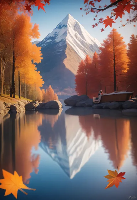   there is a boat going down the river in the fall ,   album cover zoomed out、The whole image ,  detailed landscape — width 672 , Today\ featured photo 4K , Today's featured photograph 4 k, Today featured photo 4K ,  Most Beautiful Images Ever Made,  well-...