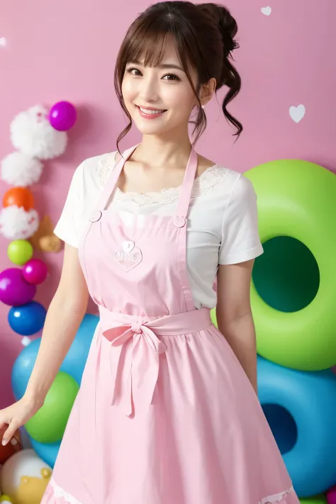 ( top quality、 greatest masterpiece in history、 super high heels、 best image quality、Winner、8k)、One beautiful nursery teacher、40 years old、 mature woman、 light pink apron、 short sleeve t-shirt 、(非常に slender :1.2)、正確な light pink apron、 the biggest smile loo...