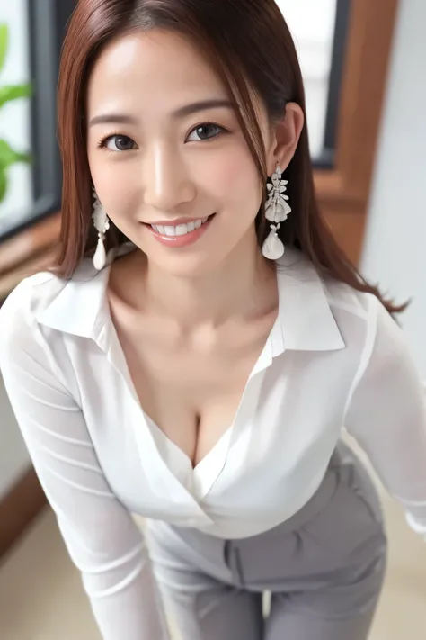 (  top quality、  table top、8k、  top quality、 Award-winning work )、  beautiful office lady  、( face close-up:1.1)、(  white polyester open shirt  :1.2)、( Gray tight slacks pants  :1.2)、(  long beautiful legs  :1.1)、  slender body、 BEAUTIFUL PRECISE EARRINGS ...