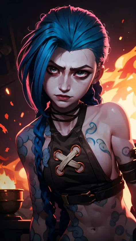 ( Masterpiece fails , Better quality), A girl fights , full length ( the body is completely a .1.), portrait of a very detailed and beautiful body, law , law no abismo, mist abaixo , white skin, pink eyes , Jinx from Arcane season 2 , dyn...