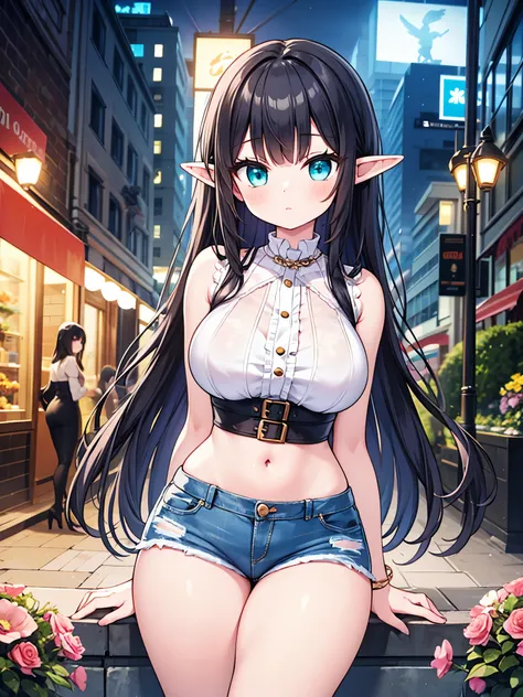 detailed image, beautiful image, 1 elf, black hair, long hair, turquoise eyes, has large breasts, short waist, wide hips, thick thighs, wearing a baggy designer blouse, denim mini shorts, cityscape, around many flowers, ambient light, artificial light,