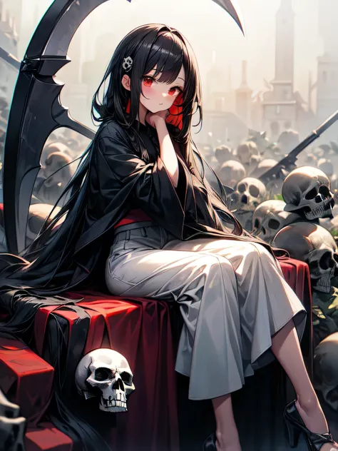 Alone,upperbody,black long straight hair,red eyes, Black Philosopher's Clothes ,Scythe, Sitting on a large skull,Occupation is Shinigami , looking at this,Underworld, best quality, top quality, best quality, like a painting, watercolor painting style, The ...