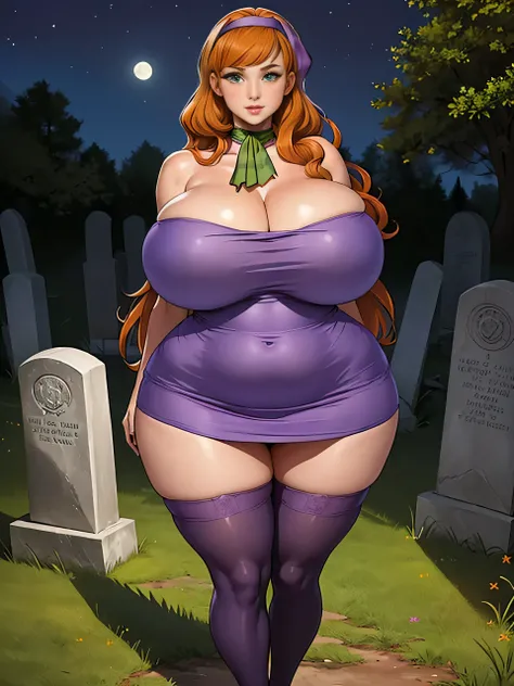 Daphne Blake, (Daphne Blake:1.5), masterpiece quality, (masterpiece quality:1.3), detailed, realistic, (realistic:1.3), 1girl, solo, (solo:1.9), 20 years old, in a graveyard, (in a graveyard:1.5), nighttime, (nighttime:1.5), long hair, (long hair:1.5), ora...