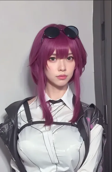 masterpiece, best quality,1girl, solo, realistic, formal shirt, bangs, upper body, makeup, mature, perfect body, perfect face, bedroom, asian, chinese, a close up of a person with pink hair wearing a jacket, anime girl cosplay, anime cosplay, professional ...