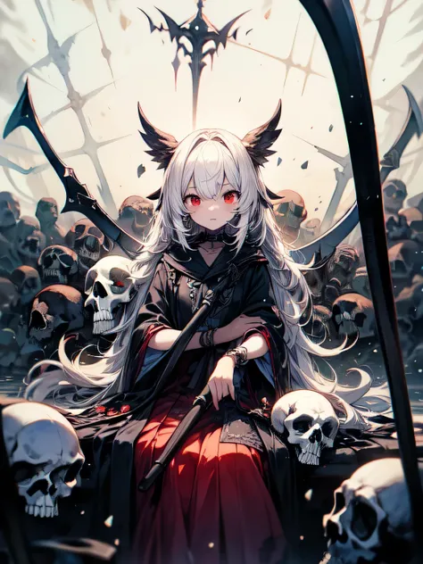 Alone,upperbody,black long straight hime_cut,red eyes, Black Philosopher's Clothes ,Scythe, Sitting on a large skull,Occupation is Shinigami , looking at this,Underworld, best quality, top quality, best quality, like a painting, watercolor painting style, ...