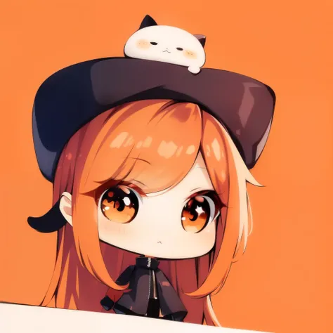 masterpiece, detail, soft lighting, long redhead goth cat girl, orange-eyed chibi, white background, simple background