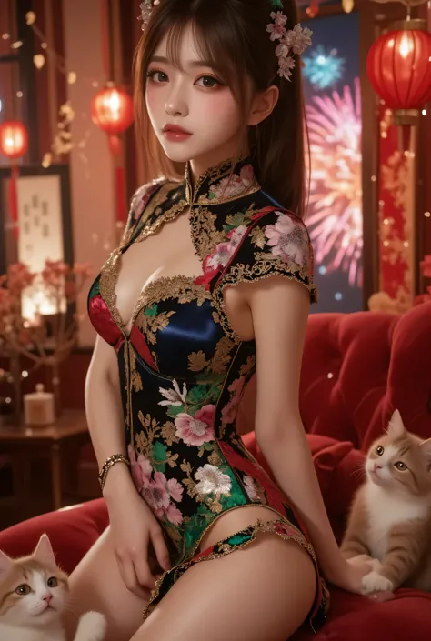 Cat ears、 face up, attractive, pretty girl, ponytail、few beautiful lady hair decorations, (( fine facial features , eroticism)), dramatic lighting , realistic , 8k, Dramatic Shadows , intricate and elaborate patterns , super detailed photo , chiaroscuro li...