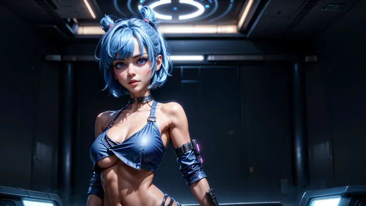 1girl, solo, cute girl, skinny, petite, short hair, loose top, midriff, ((top loosely draped over her breasts)), underboob, looking at viewer, sexy, pants low on hips, ((unbuttoned pants)), cowboy shot, (full body portrait), ((blue hair)), beautiful lips, ...