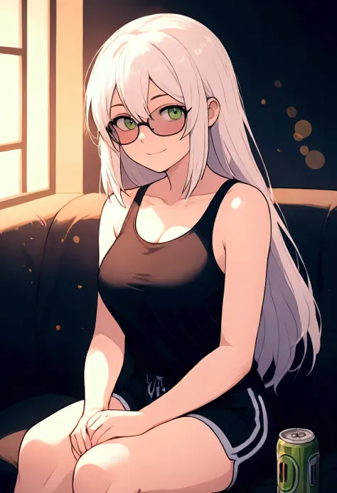 (High-quality), 1girl, ((long white hair)), ((soulless green eyes)), (black glasses), wearing a crisp black messy tank-top, cinched at the waist with black adidas shorts, sitting on a comfortable couch, Relaxed, from the side, (drinking a can of beer), bea...