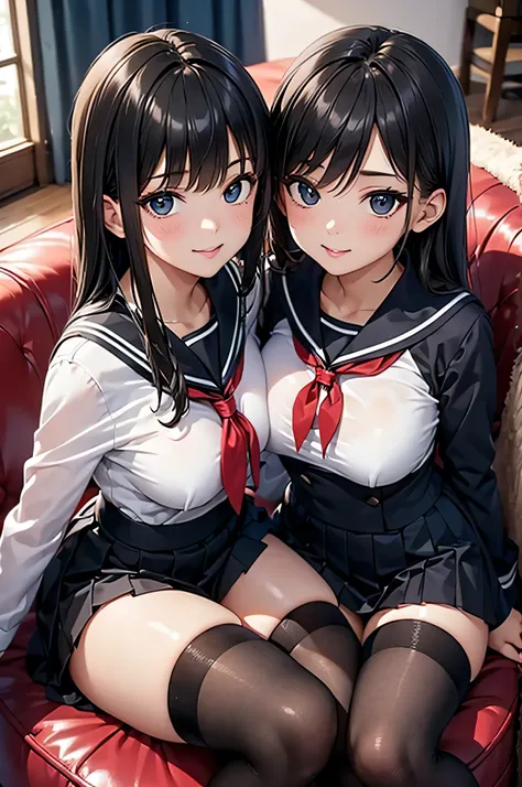  adult woman,  alone,  sexy, 8k resolution,(( top quality)),  super high resolution, ( gentle smile ), (black eyes),  beautiful symmetrical face  , ( long black hair), Black Sailor Suit , uniform skirt , stockings, is present:1.4,( Masterpiece:1.2),  perfe...