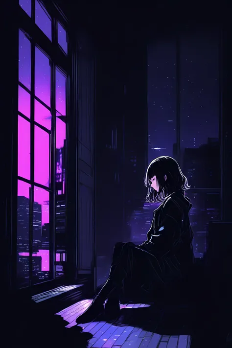 (best quality, sketch:1.2), epic realistic,illustrator,anime,1 women, detailed lips,custom, (background dark),textured cropping, hdr, details, masterpiece, style retro, colour gradient, art, (bob cascade hair (black:1.75) [neon:1.32]),woman sitting on a wi...