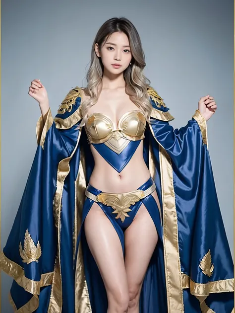 Tall cute idol knight girl、whole body、 good style、、、、、、、、、、Tanned thick legs、、Gold and blue armor suit（Fish embroidery、Passionate Scale Cloak）、、 Pretty and Clean Idol Face 、wet silver wavy hair 、 ocean 