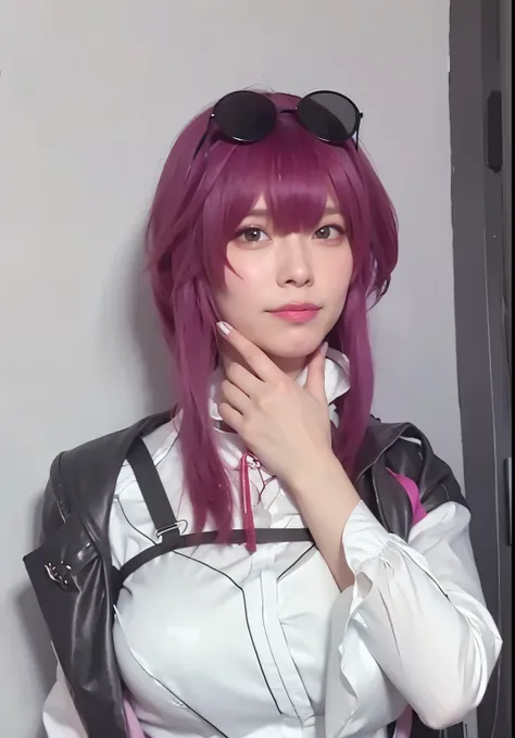 masterpiece, best quality,1girl, solo, realistic, formal shirt, bangs, upper body, makeup, mature, perfect body, perfect face, bedroom, asian, chinese, a close up of a person with pink hair wearing a jacket, anime girl cosplay, anime cosplay, professional ...