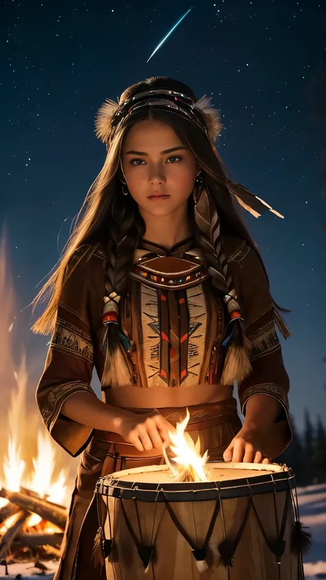 (cinematic photograph of a detailed beautiful 18-year old woman with ((facial and body characteristics that is similar to Kristina Pimenova))), (), ((Native American Indian Storyteller Narrative: Theme: Narrating tales through visuals. Clothing: Clothing i...