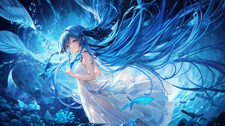 ((Blue hair long twin hair 1 girl:1.4))，(( blue eyes))、Full body solo shooting、((seabed:1.4))、Floats in water、Lots of small fish、(( white dress 、 barefoot))、Floating、A lot of bubbles、bubble、jellyfish、Jellyfish、Coral Reef、Starfish、Various fish 、Blue Fish、Sc...