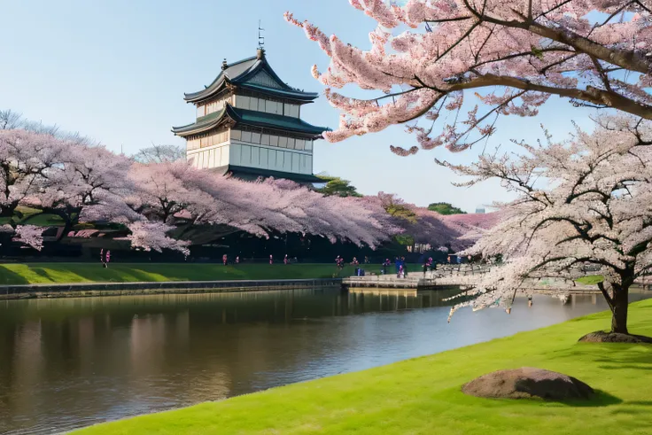 There is a tall tower with a clock on top, Photos by Tohaku Hasegawa  ,  Shutterstock , creation, Japan Tourism, cherry blossoms season, cherry blossoms, cherry blossoms season dynamic lighting, The beauty of traveling in Japan ,  monster, Chiba Prefecture...