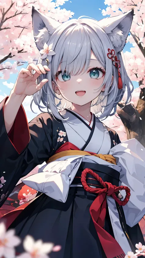   gray hair 、  illuminated in the dark 、 I had hair on one eye、Japanese-style town、day、((from below))、Yangyun、cherry blossoms、 Flower blowing snow、bird、slender、open mouth、double teeth、  claw pose、smile、   Cool Personality、  focus face、 boyish、April、Japanes...