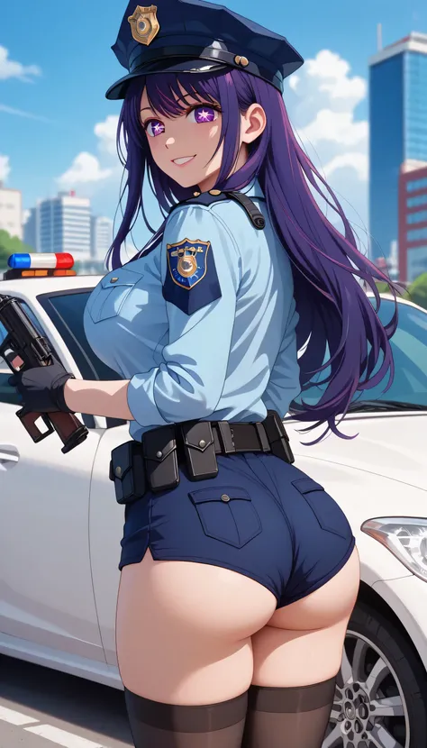 ultra-detailed,16K,(best quality),((masterpiece)),(highres),original,extremely, 1girl, solo, ai hoshino, long hair, bangs, purple eyes, purple hair, symbol-shaped pupils, wearing police uniform, wearing bootyshorts, black gloves, tactical belt, black thigh...
