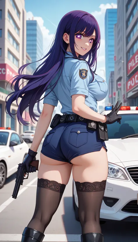 ultra-detailed,16K,(best quality),((masterpiece)),(highres),original,extremely, 1girl, solo, ai hoshino, long hair, bangs, purple eyes, purple hair, symbol-shaped pupils, wearing police uniform, wearing bootyshorts, black gloves, tactical belt, black thigh...